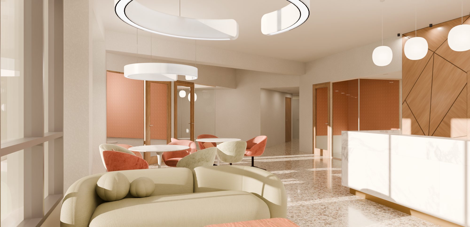 Visualisointi: aulan lounge-alue sohvineen ja vastaanotto taustalla